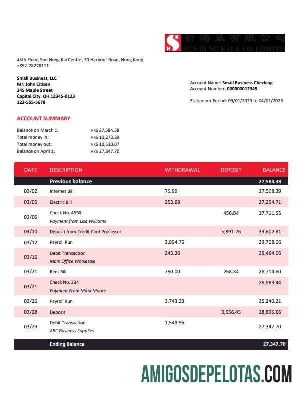 Baixável Sung Hung Kai Bank Company Statement Word And PDF model